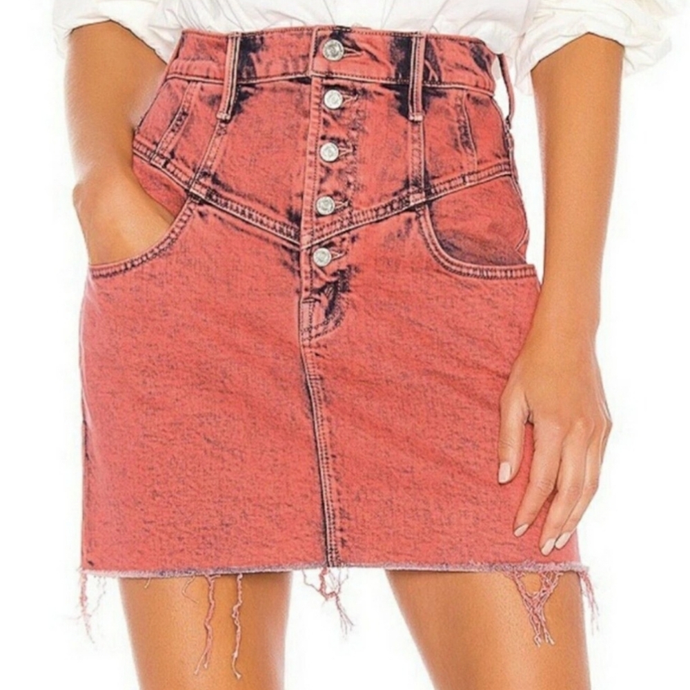 MOTHER Superior The Swooner A-line Fray Button-Up Denim Skirt Size 28
